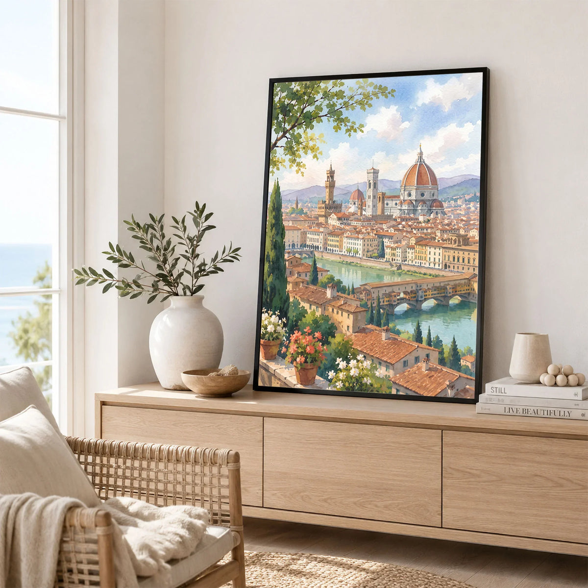 Florence Duomo and Ponte Vecchio watercolour art print framed in a living room
