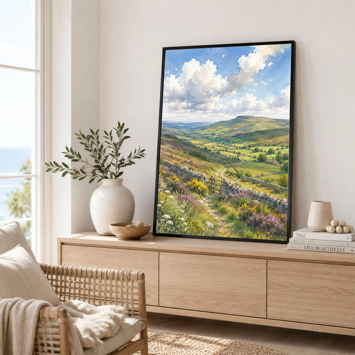 Forest of Bowland moorland valley and stone wall watercolour art print framed in a living room