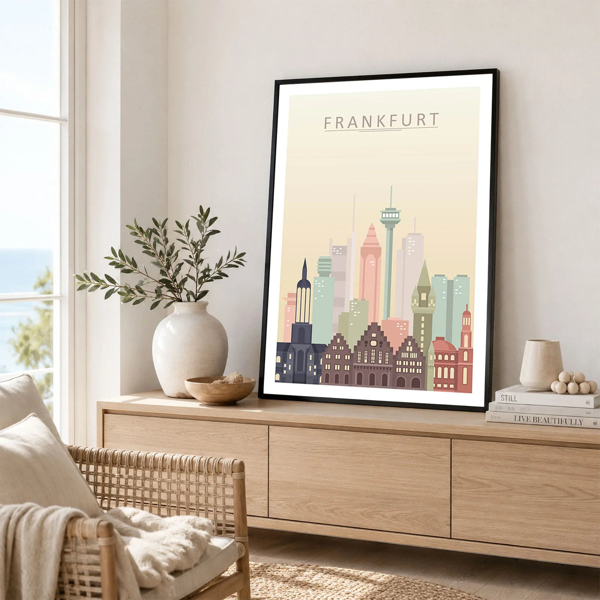 Frankfurt city skyline art print framed in a living room