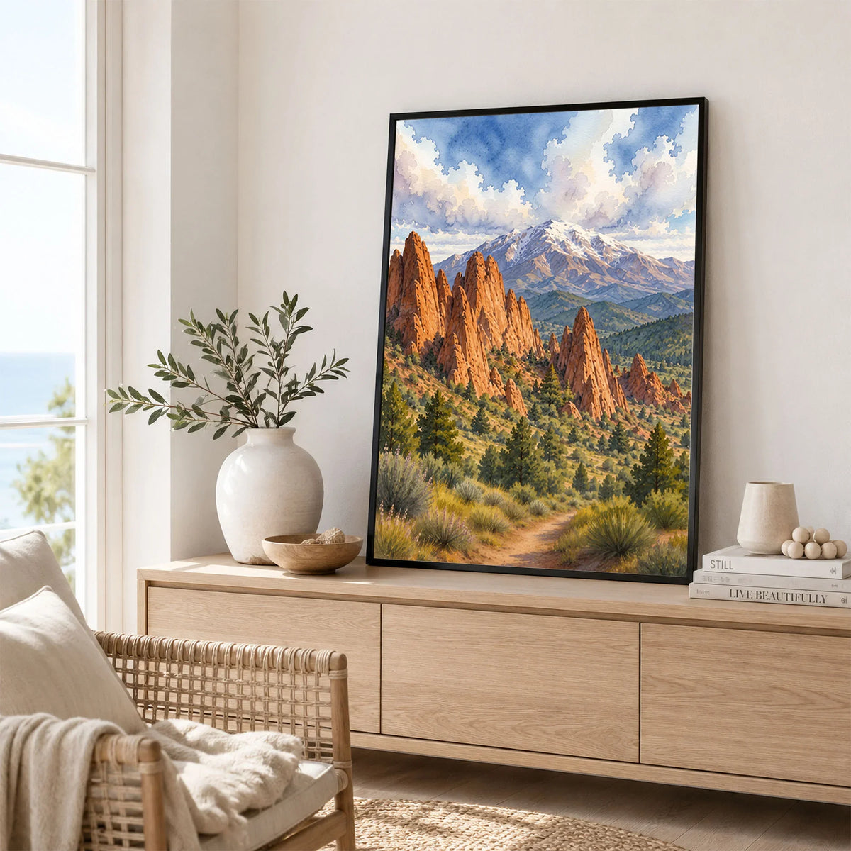 Garden of the Gods red rocks and Pikes Peak watercolour art print framed in a living room