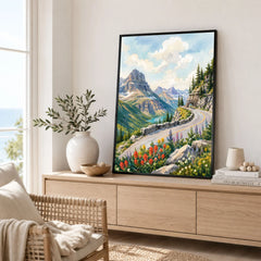 Glacier National Park Going-to-the-Sun Road watercolour art print framed in a living room