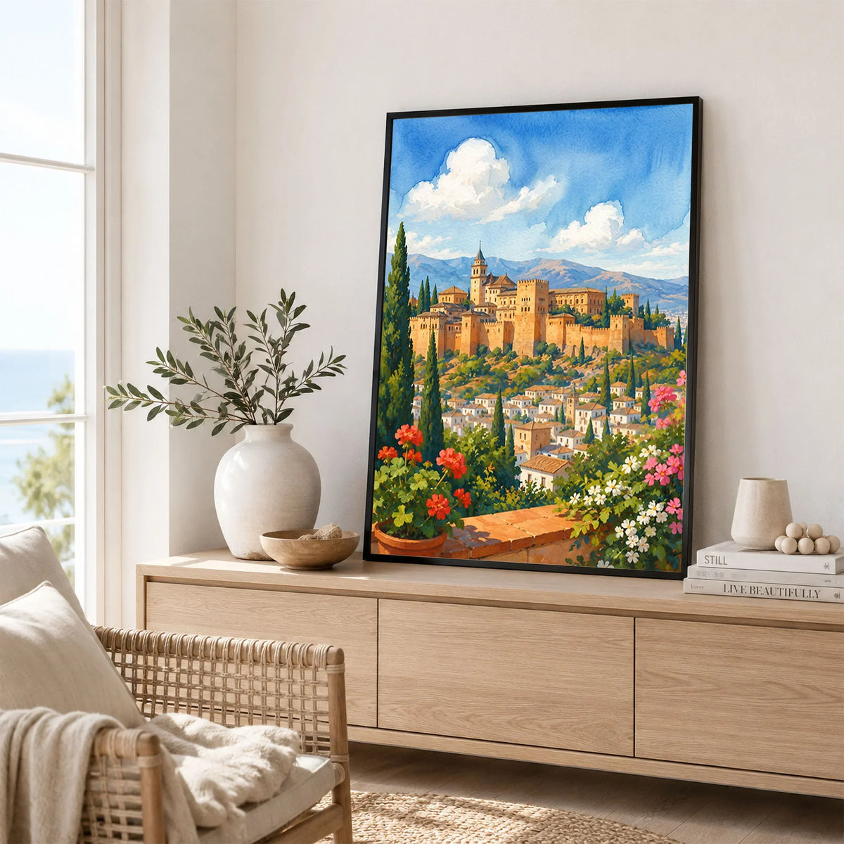 Granada Alhambra palace watercolour art print framed in a living room