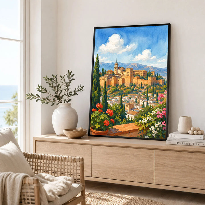 Granada Alhambra palace watercolour art print framed in a living room