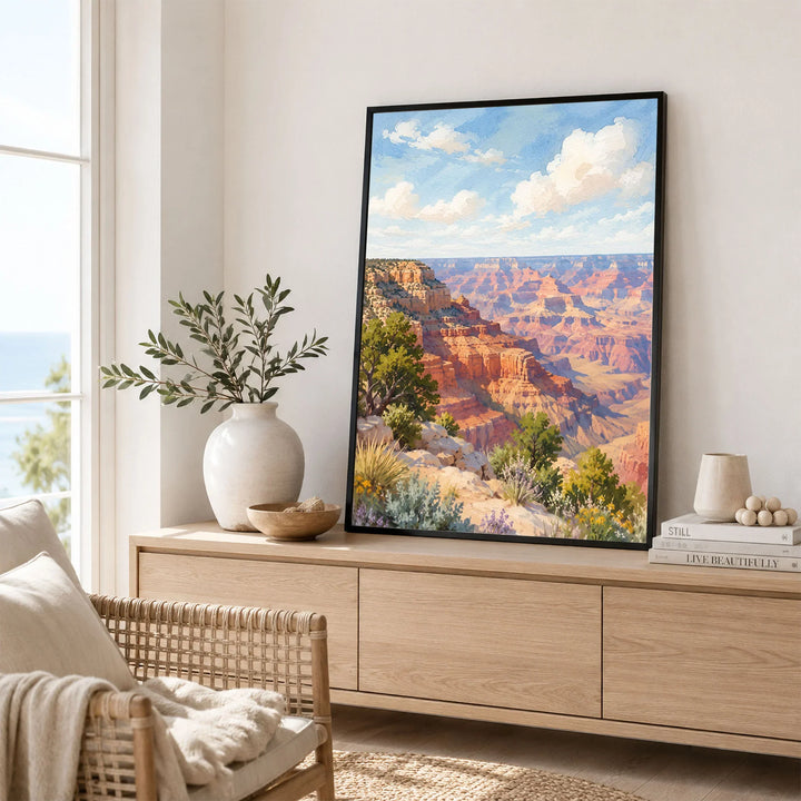 Grand Canyon National Park view from the South Rim watercolour art print framed in a living room