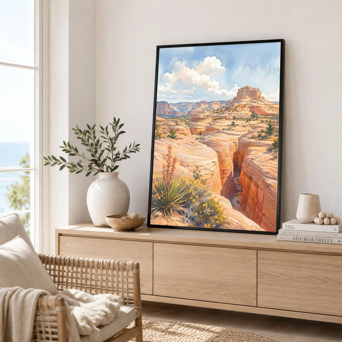 Grand Staircase-Escalante slot canyon and mesa watercolour art print framed in a living room
