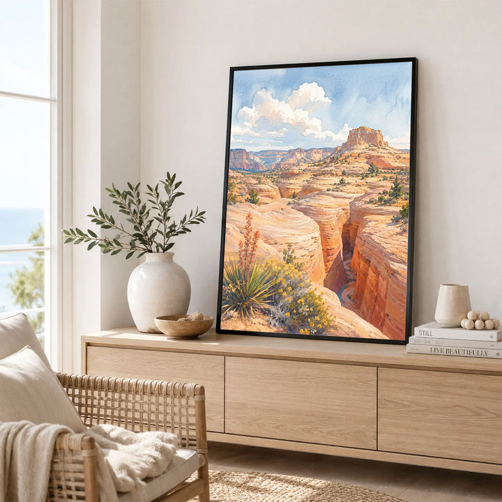 Grand Staircase-Escalante slot canyon and mesa watercolour art print framed in a living room