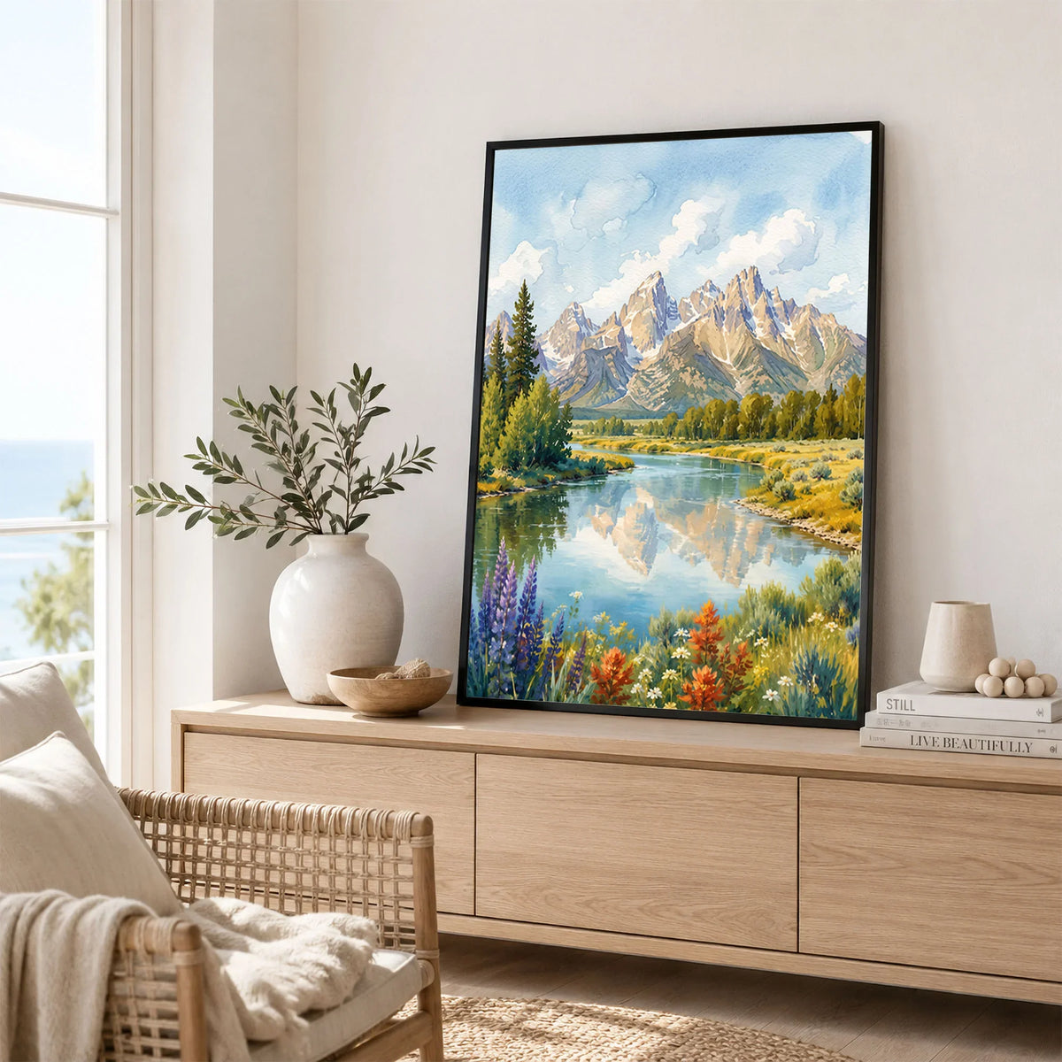 Grand Teton National Park Teton peaks over the Snake River watercolour art print framed in a living room