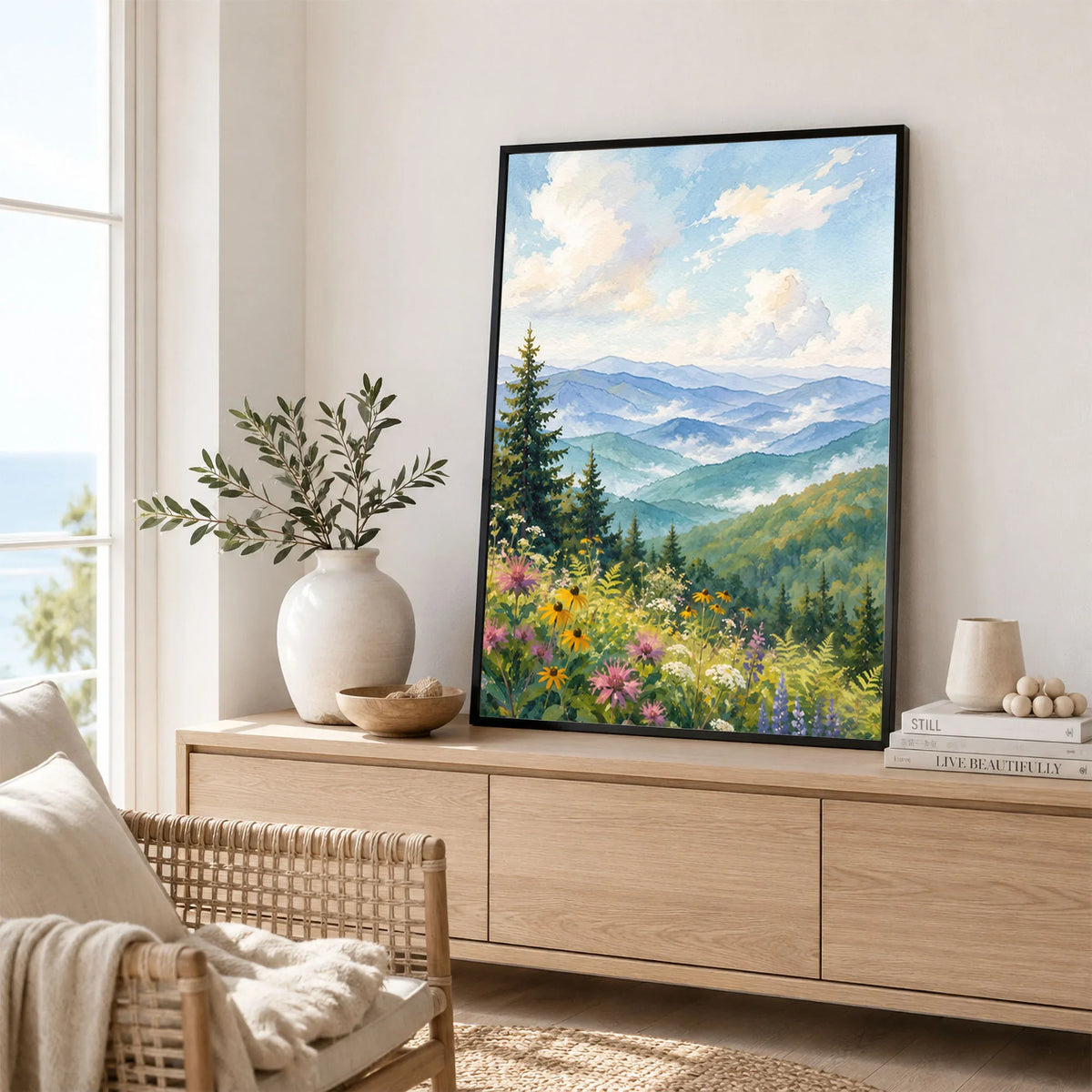 Great Smoky Mountains misty blue ridges watercolour art print framed in a living room