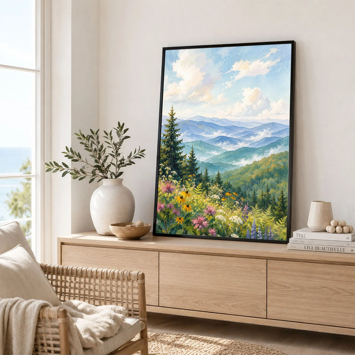 Great Smoky Mountains misty blue ridges watercolour art print framed in a living room