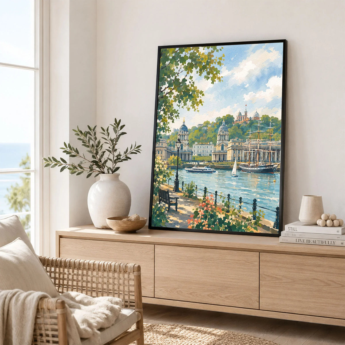 Greenwich Old Royal Naval College and Thames watercolour art print framed in a living room