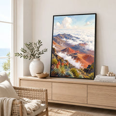 Haleakalā National Park summit crater above the clouds watercolour art print framed in a living room