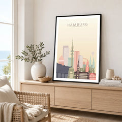 Hamburg city skyline art print framed in a living room