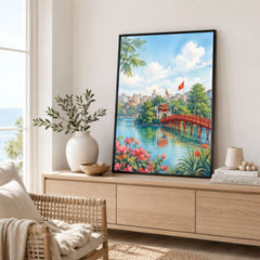 Hanoi red Huc Bridge on Hoan Kiem Lake watercolour art print framed in a living room