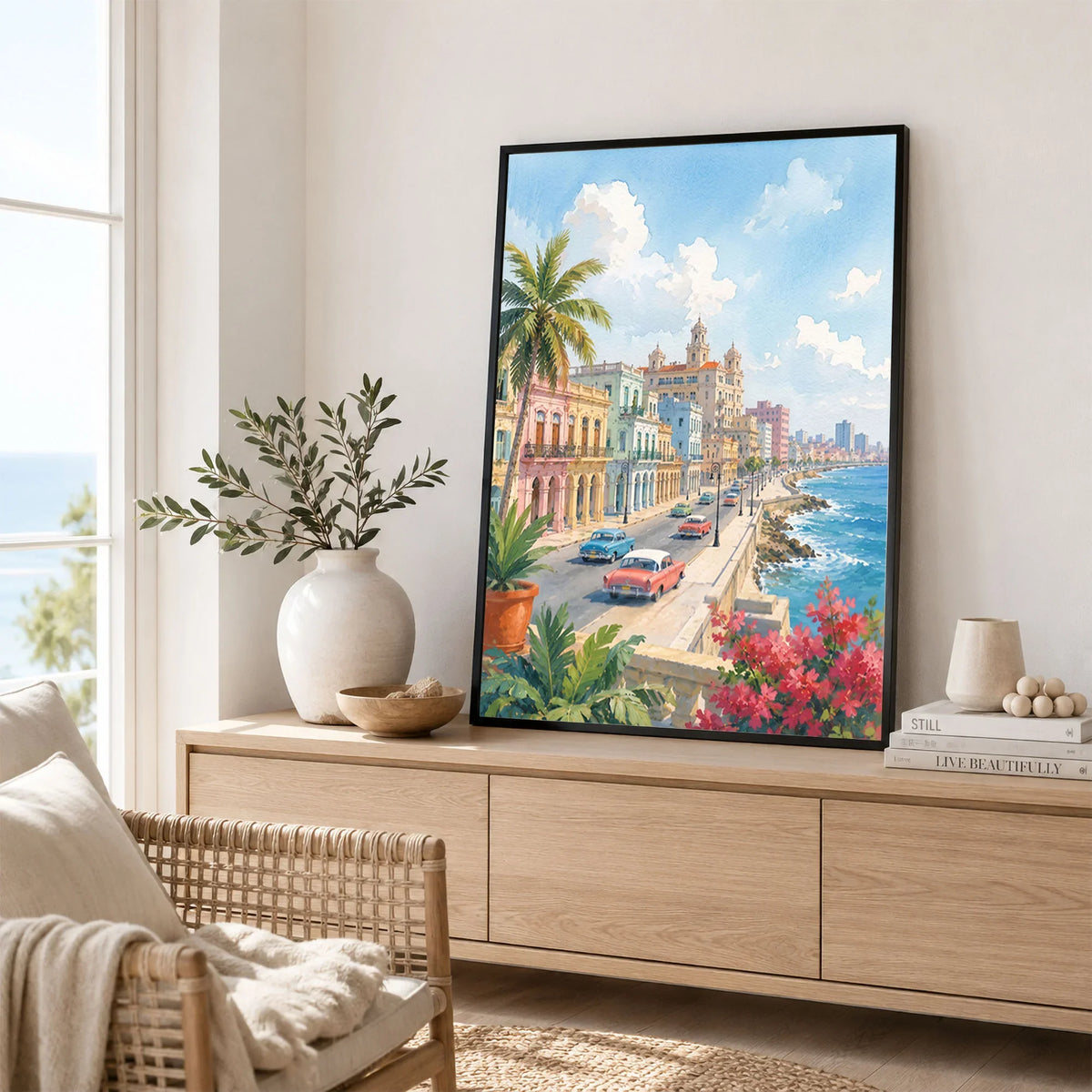 Havana Malecón seafront and classic cars watercolour art print framed in a living room