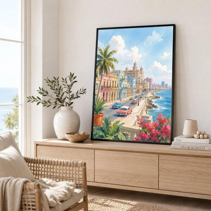 Havana Malecón seafront and classic cars watercolour art print framed in a living room