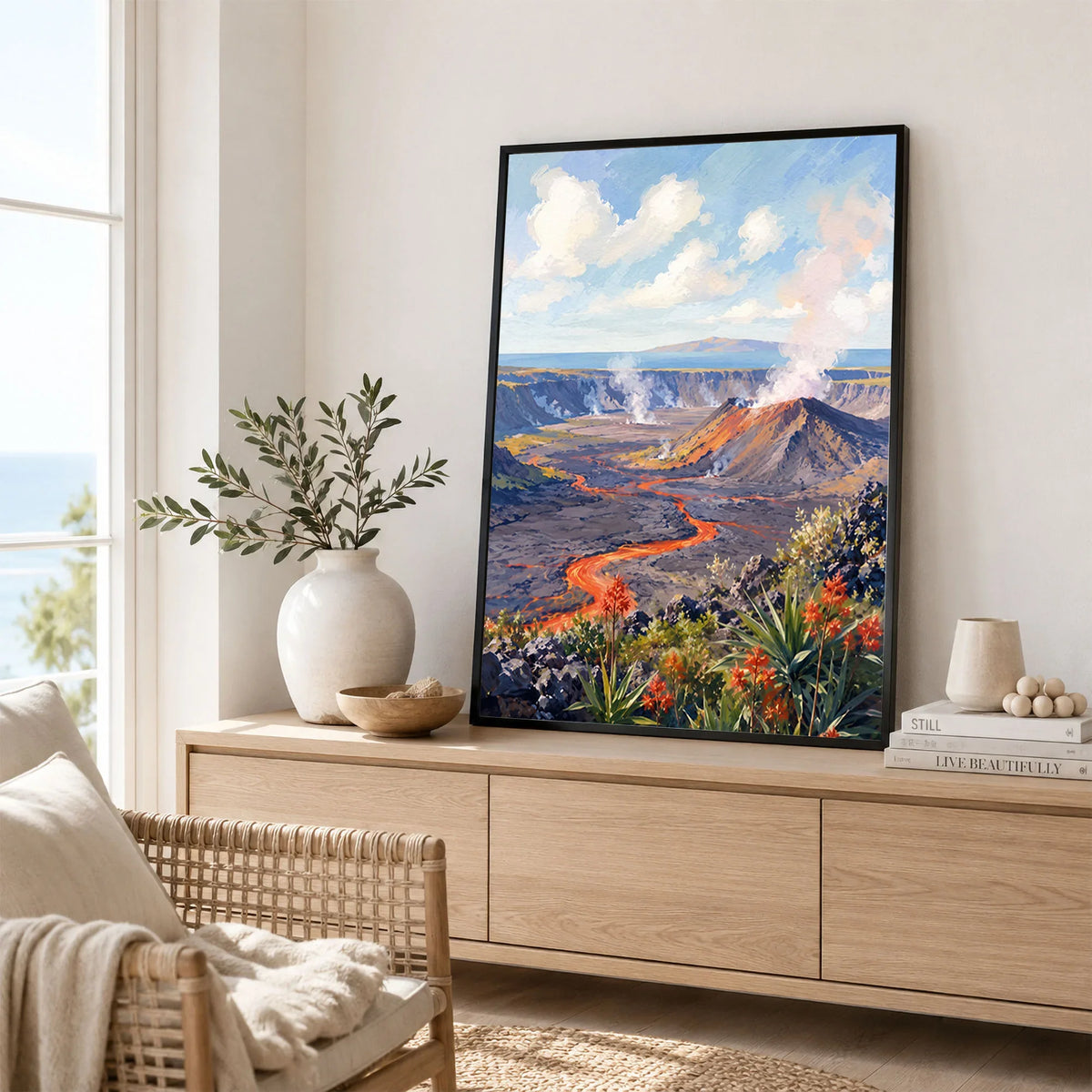 Hawaii Volcanoes National Park lava flow and steaming crater watercolour art print framed in a living room