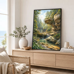 Hocking Hills State Park waterfall below sandstone cliffs watercolour art print framed in a living room
