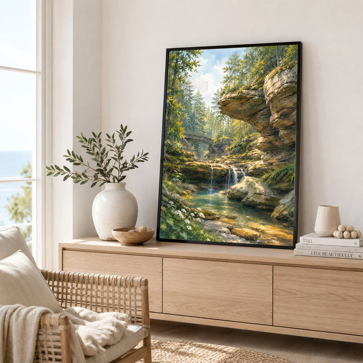 Hocking Hills State Park waterfall below sandstone cliffs watercolour art print framed in a living room