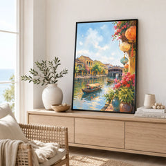 Hoi An lanterns and Japanese bridge watercolour art print framed in a living room