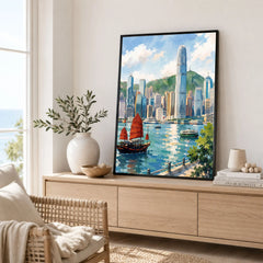 Hong Kong Victoria Harbour and junk boat watercolour art print framed in a living room