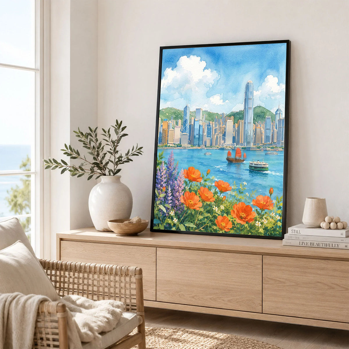 Hong Kong Victoria Harbour skyline with flowers watercolour art print framed in a living room