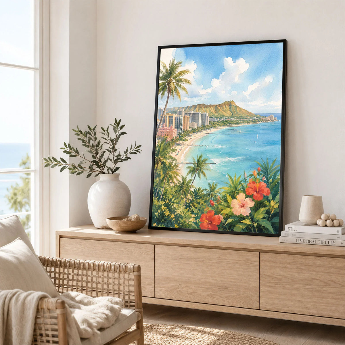 Honolulu Waikiki Beach and Diamond Head watercolour art print framed in a living room