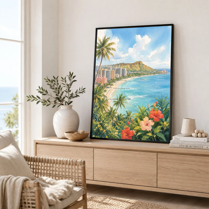 Honolulu Waikiki Beach and Diamond Head watercolour art print framed in a living room