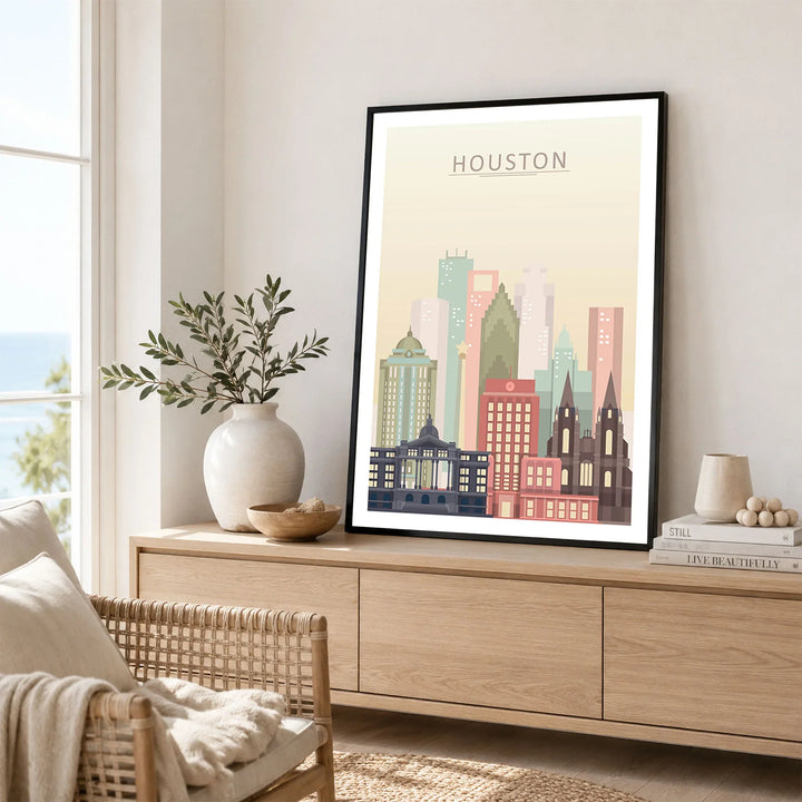 Houston city skyline art print framed in a living room