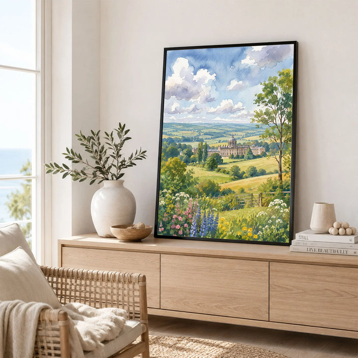 Howardian Hills Castle Howard parkland watercolour art print framed in a living room