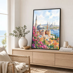 Istanbul Hagia Sophia and Blue Mosque watercolour art print framed in a living room