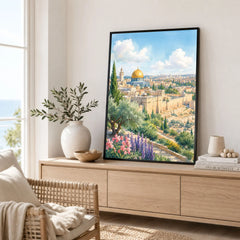 Jerusalem Dome of the Rock and Old City walls watercolour art print framed in a living room