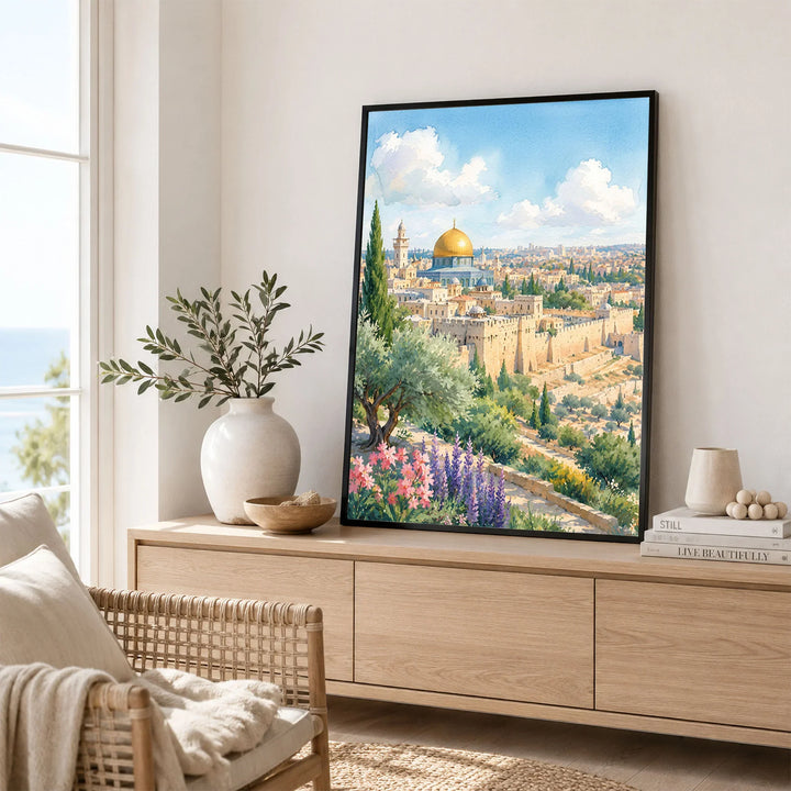 Jerusalem Dome of the Rock and Old City walls watercolour art print framed in a living room