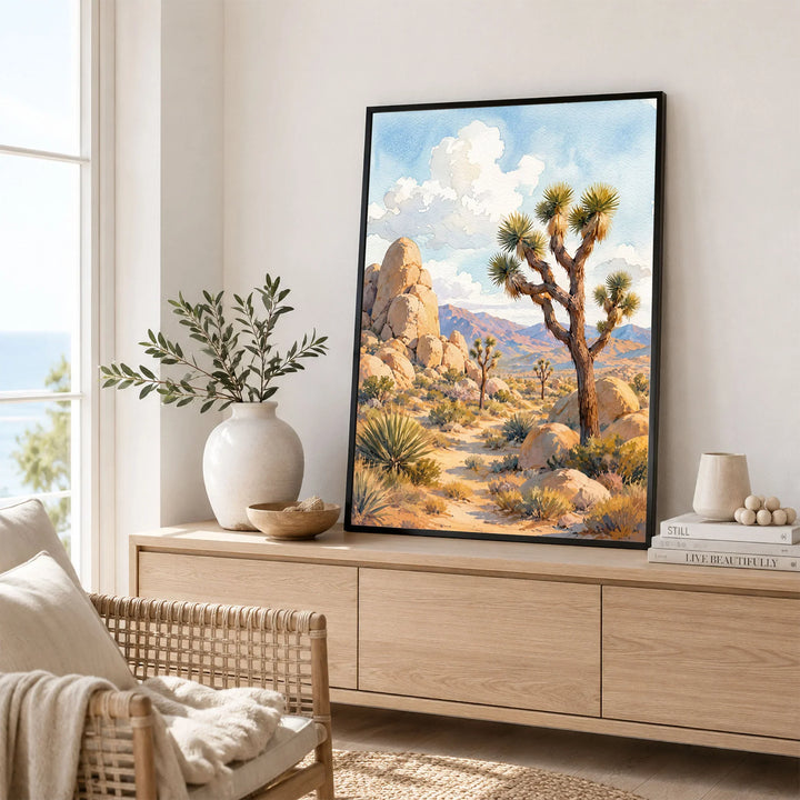 Joshua Tree National Park Joshua trees and granite boulders watercolour art print framed in a living room