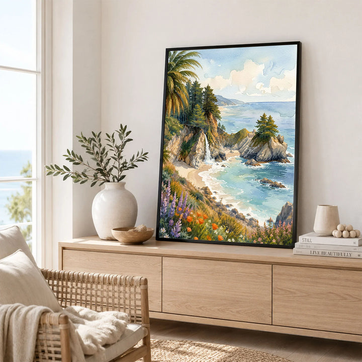 Julia Pfeiffer Burns State Park McWay Falls and cove watercolour art print framed in a living room