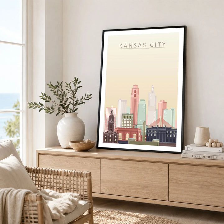 Kansas City city skyline art print framed in a living room