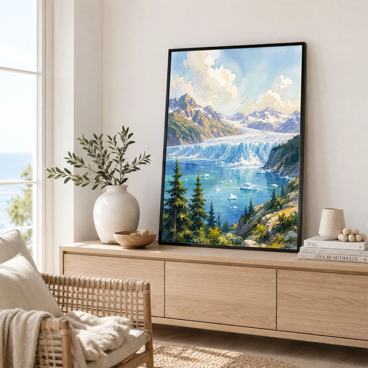 Kenai Fjords National Park tidewater glacier and fjord watercolour art print framed in a living room