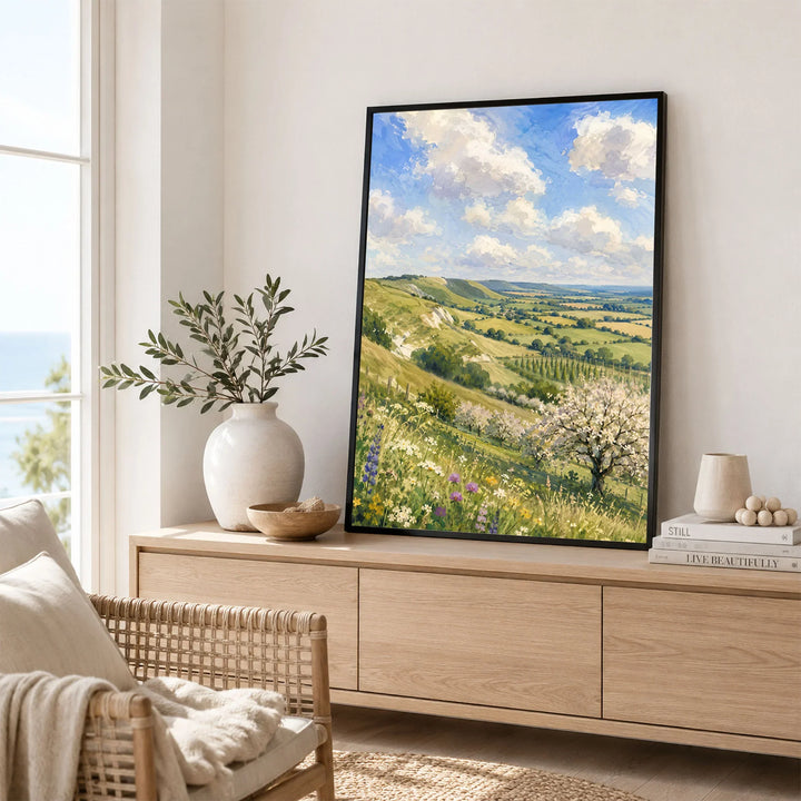 Kent Downs chalk downs and orchard blossom watercolour art print framed in a living room