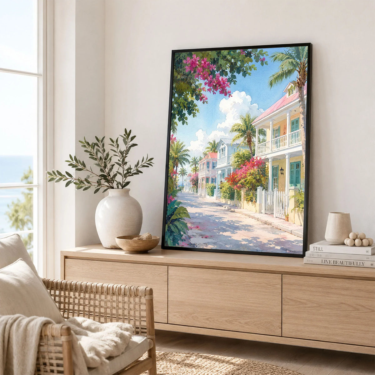 Key West pastel conch houses watercolour art print framed in a living room