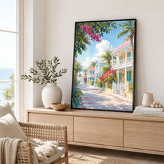 Key West pastel conch houses watercolour art print framed in a living room