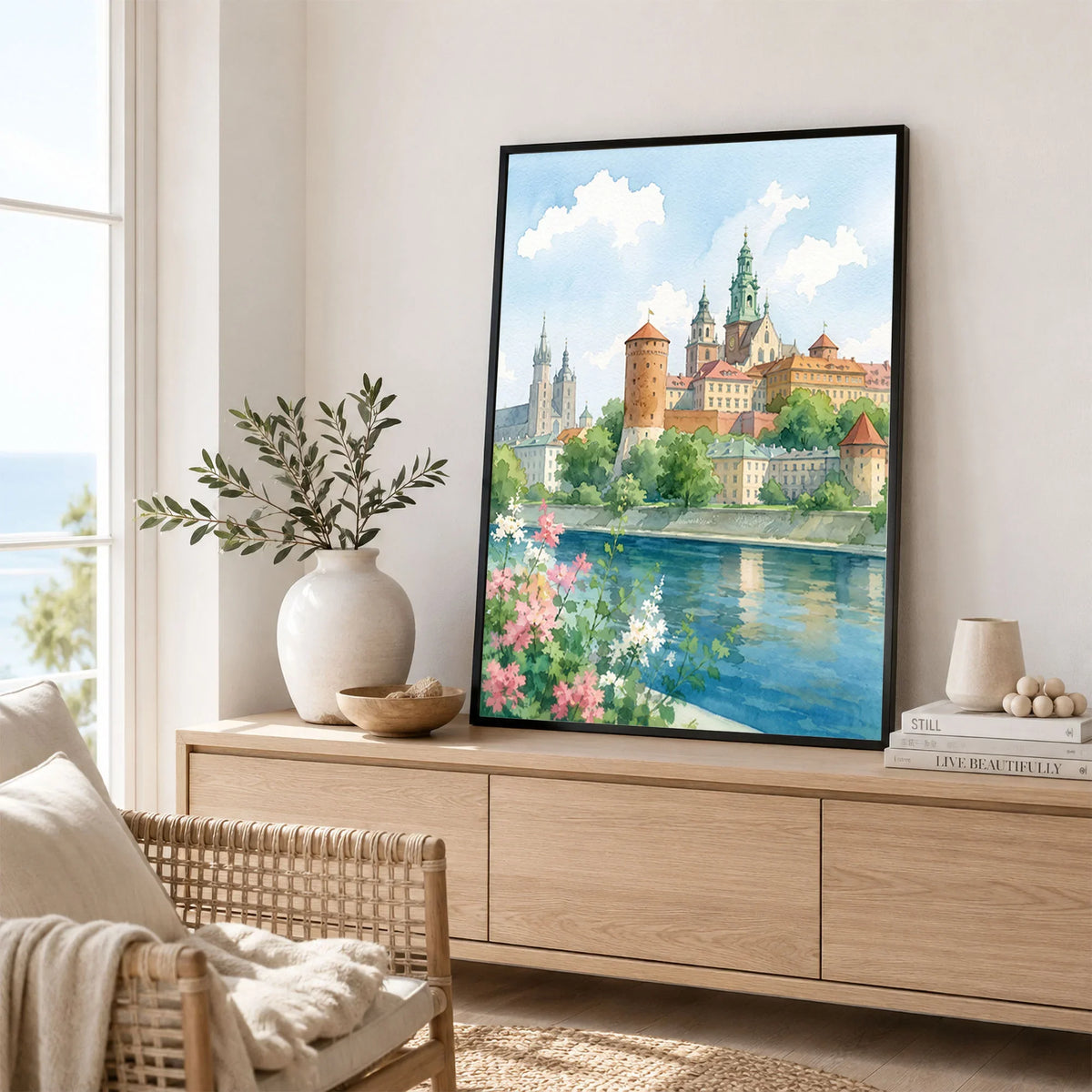 Kraków Wawel Castle on the Vistula watercolour art print framed in a living room