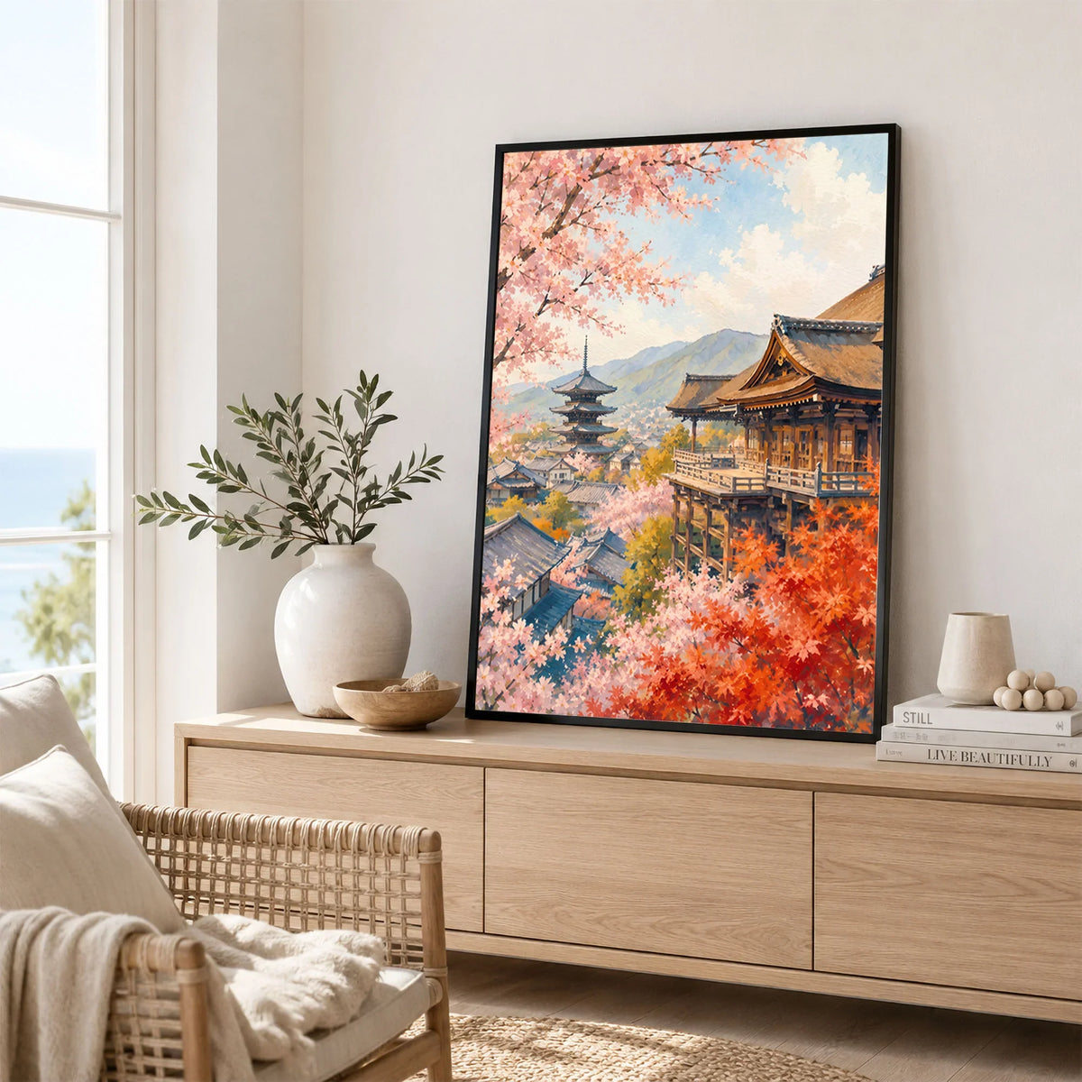 Kyoto Kiyomizu-dera temple and blossom watercolour art print framed in a living room