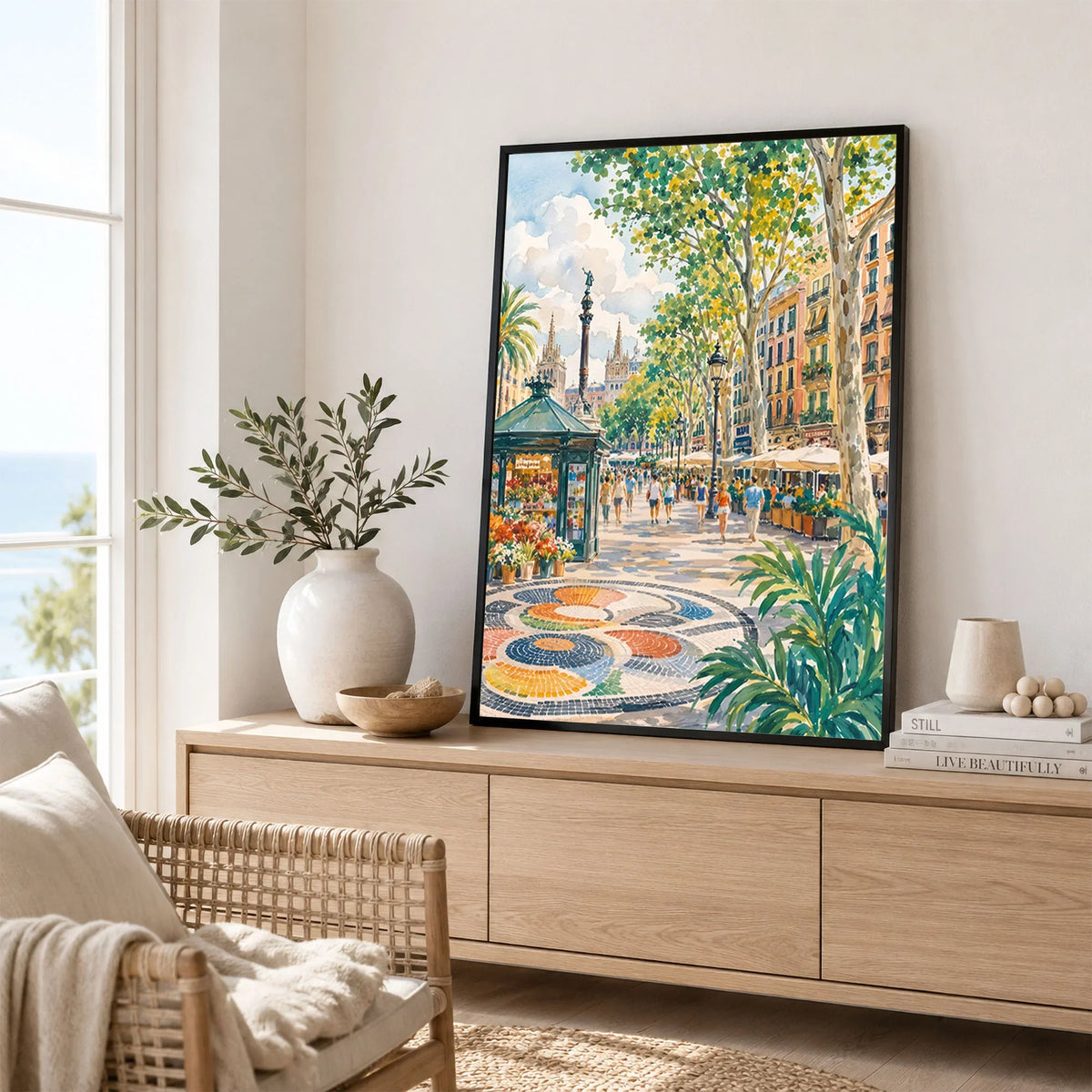 La Rambla Barcelona promenade and mosaic watercolour art print framed in a living room