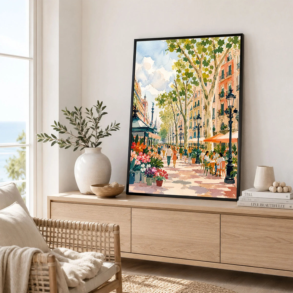 La Rambla Barcelona flower stalls and cafés watercolour art print framed in a living room