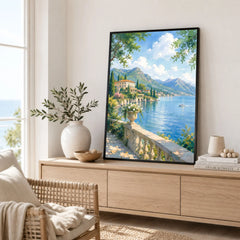 Lake Como lakeside villa and mountains watercolour art print framed in a living room