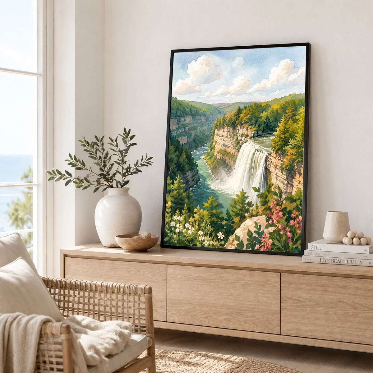 Letchworth State Park waterfall in the gorge watercolour art print framed in a living room