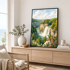 Letchworth State Park waterfall in the gorge watercolour art print framed in a living room
