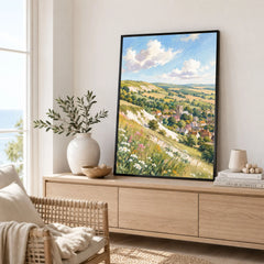 Lincolnshire Wolds hillside village and church watercolour art print framed in a living room