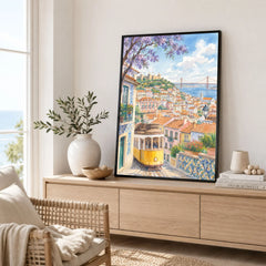 Lisbon yellow tram and castle watercolour art print framed in a living room