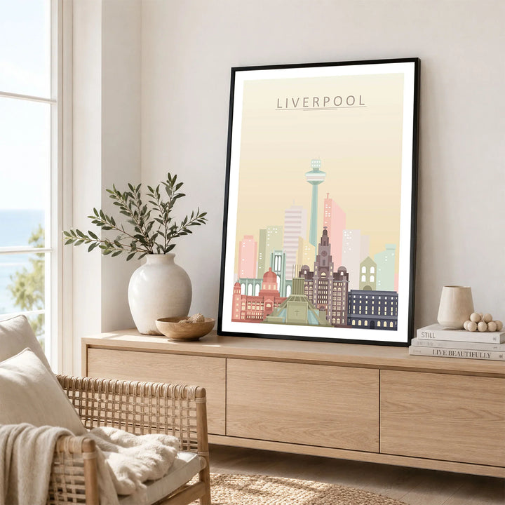 Liverpool city skyline art print framed in a living room
