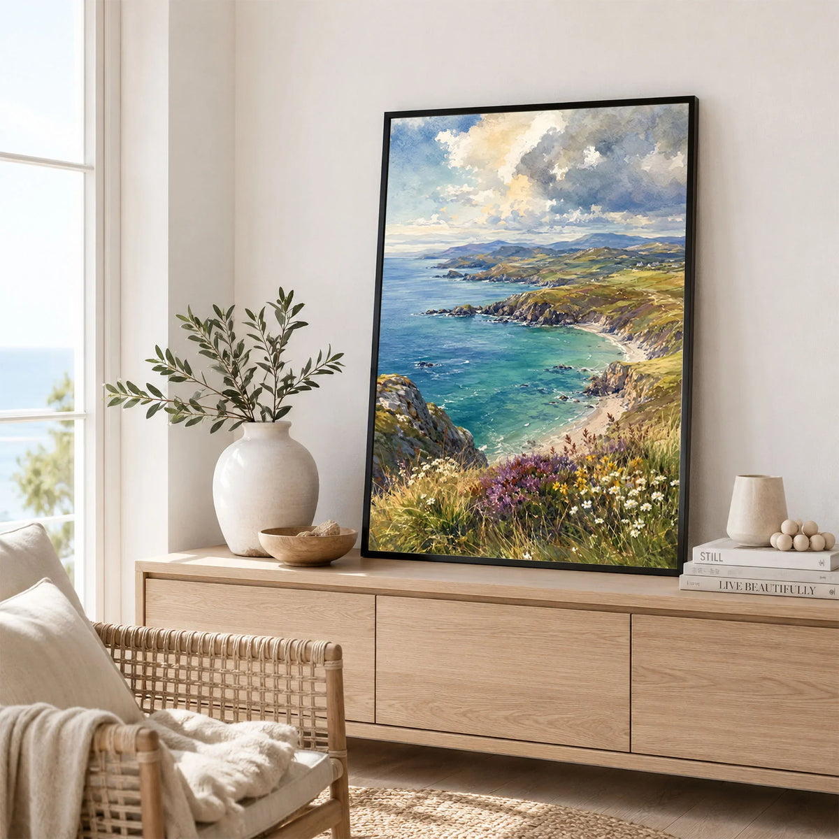 Llyn Peninsula sandy cove and coastline watercolour art print framed in a living room